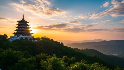 Scenic sunset view of traditional pagoda on lush mountain landscape