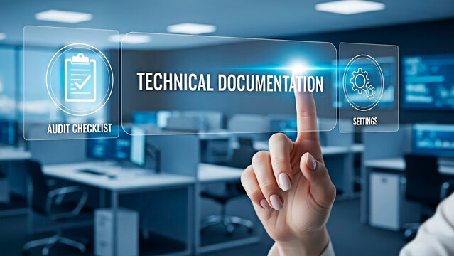 A hand interacting with technical documentation in a modern office setting