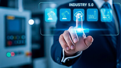A businessman interacting with Industry 5.0 technology in a modern factory setting