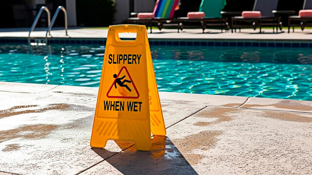 A yellow slippery when wet sign by a swimming pool with lounge chairs