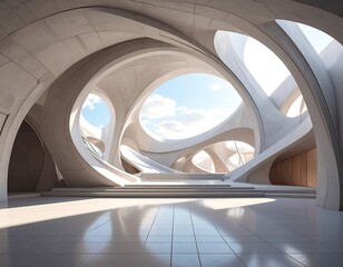 Modern architectural interior with a curved, open ceiling design