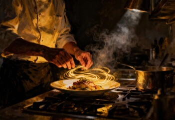 Culinary Creation: A chef delicately arranges freshly made spaghetti pasta onto a plate, under the warm glow of the kitchen light, while steam rises from a simmering pot.
