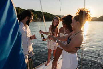 Friends celebrating with champagne on sailboat at sunset