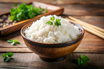 White Rice in Bowl Isolated on White Background.