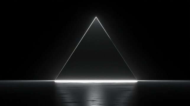 A 3d minimalist triangular frame made of photorealistic, glossy black chrome rods with a completely black background.