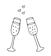 Hand drawn two champagne glasses clinking with small hearts romantic doodle illustration