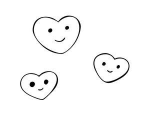 Hand drawn three hearts with cute faces doodle smiley illustration