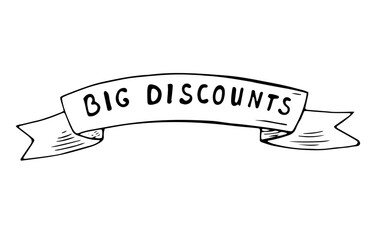 Big discounts ribbon banner hand drawn doodle illustration for sales promotions