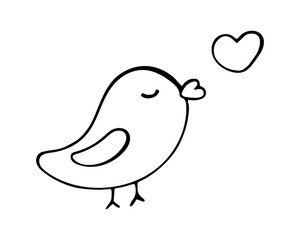 Hand Drawn Cute Bird with Heart Line Art Illustration for Love, Valentine and Romantic Design
