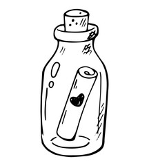 Hand drawn bottle with love letter inside romantic message illustration