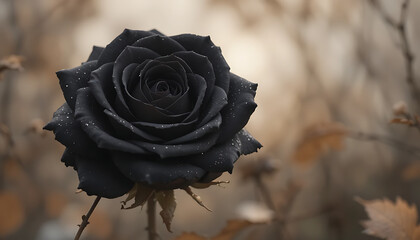 Dark beauty black rose in autumn garden with dew drops