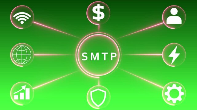 SMTP Simple Mail Transfer Protocol Icons Connected to Central Circle on Green Gradient Background