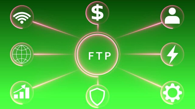FTP File Transfer Protocol Icons Connected to Central Circle on Green Gradient Background file sharing