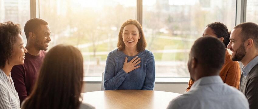 Woman speaking with hand on chest in group session, emotional honesty, empathy and self awareness practice