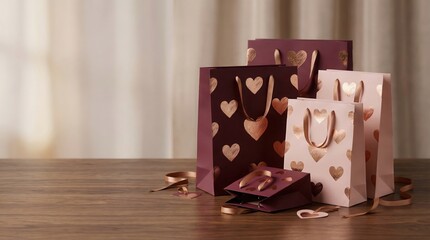 Gift bags with heart patterns arranged on a wooden table. The warm lighting casts a soft glow on the scene. 