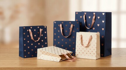 A collection of various sized gift bags, perfect for any occasion. Each bag features unique designs and handles, ideal for packaging presents