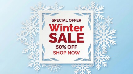 Winter sale banner with snowflakes and special offers, perfect for festive shopping season