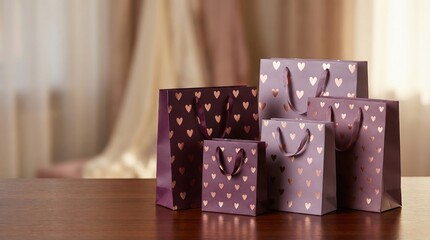 Gift bags with hearts and lovely color palette. These bags stand on the wooden table with some curtains background