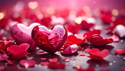 pink hearts on red background