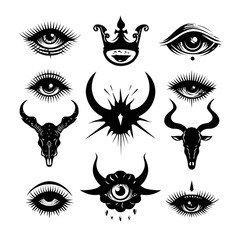 Mysterious Eyes with Horns and Crowns in Dark Gothic Illustration for Tattoo Design