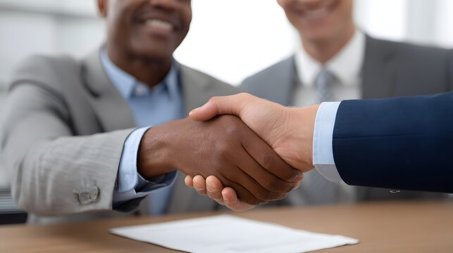 Two businessmen shake hands over a table symbolizing a successful business agreement and partnership