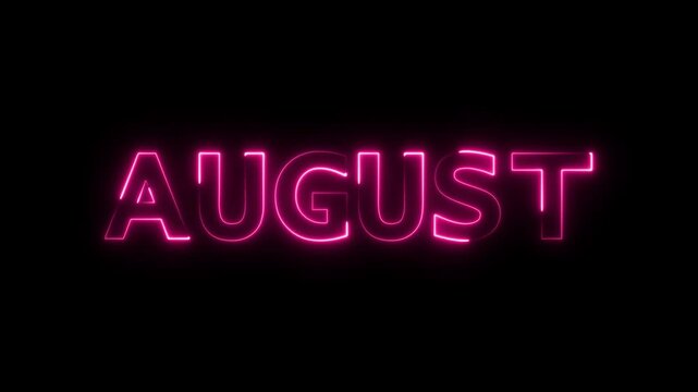 Abstract glowing Neon august text icon 4k animation. Abstract glowing neon text 4k animated isolated on black black background.
