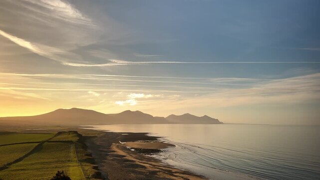 Dinas Dinlle View towards Yr Eifl The Rivals Mountains on the Llyn Peninsula, Caernarfon, North Wales, United Kingdom