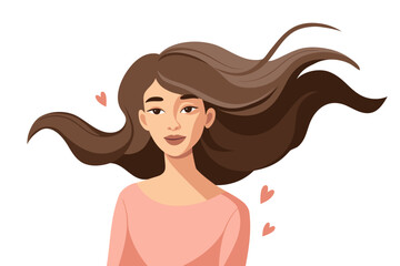 Beautiful girl with flowing teal hair on wind and hearts. 