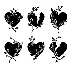 Broken Heart Silhouettes with Leaves in Minimalist Black and White Illustration for Valentines Day
