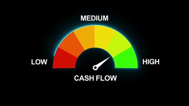 Animated cash flow meter increasing from low to high level, perfect for concepts related to financial management, business performance, liquidity, and economic growth. Motion graphics of alert meter