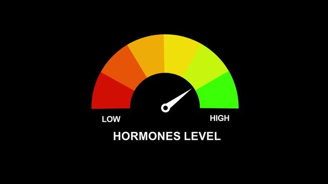 Hormones level measuring device animation.Hormone Deficiency text or word shown with a barometer or tachometer-style gauge.Hormone Level. Motion graphics of alert meter. 4k