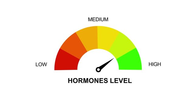 Hormones level measuring device animation.Hormone Deficiency text or word shown with a barometer or tachometer-style gauge.Hormone Level. Motion graphics of alert meter. 4k