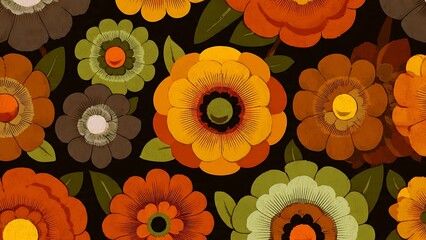 Vibrant Retro Flower Pattern from the 1970s with Bold Colors and Shapes