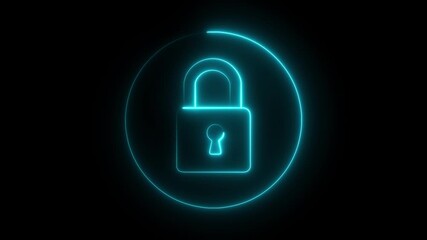 Neon dynamic lock icon blue glowing lock icon animation Cyber security concept on black background. Data security, software unlock, virus and binary code. Motion graphics of security concept. - Powered by Adobe