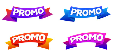 Set of four colorful 3D PROMO ribbon banners isolated