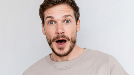 Man with a surprised expression close up portrait reaction to unexpected news or surprise