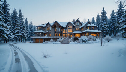 Luxury mountain home in snowy landscape with warm lighting