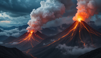 Erupting volcanoes spew molten lava and ash into dramatic cloudy sky