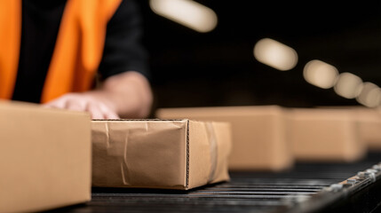 Warehouse line with brown boxes on a conveyor; operator hand visible wearing an orange vest.
