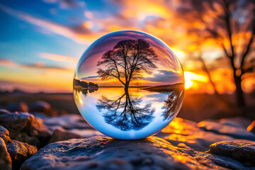 Crystal Glass Ball Reflecting Twilight Evening Sky.