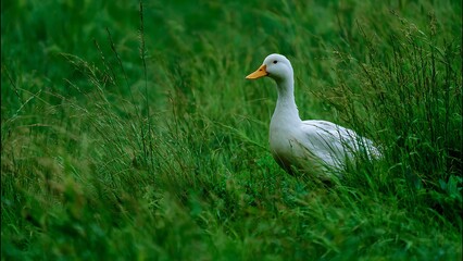 Obraz premium Serene Duck Walking Through Lush Green Grass on an Overcast Day