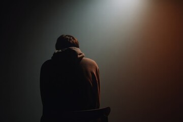 Lonely Hooded Figure in Silhouette Under Spotlight, Quiet Contemplation in Night Mood