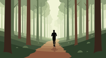 Fototapeta premium Silhouette of a Man Running on a Path Through a Dense Forest Illustration