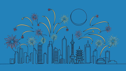 city skyline with fireworks exploding in the night sky © Ahmad