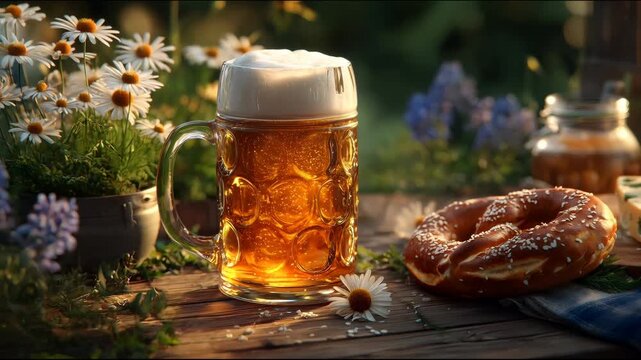 Clear glass beer stein with froth, pretzel, and daisy on rustic wooden table, ideal for Oktoberfest celebration concept