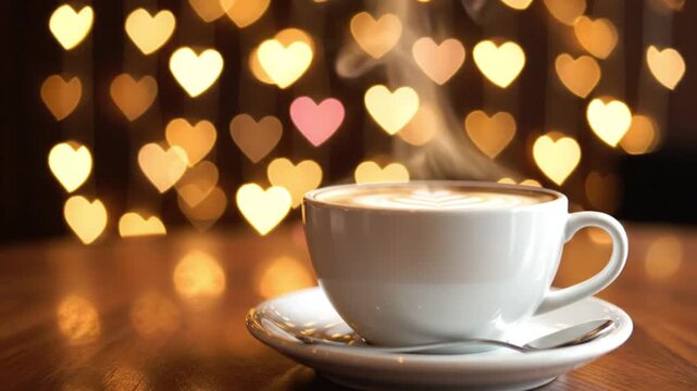 Steaming coffee cup on wooden table with heart-shaped bokeh lights
