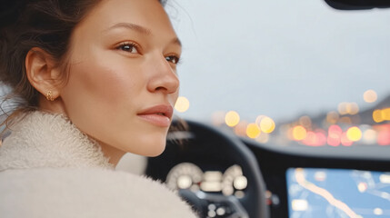 Obraz premium Woman looking from a car at the night city with illuminated dashboard