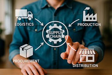 A man interacting with a supply chain diagram on a screen