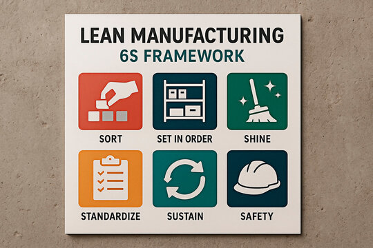 A poster explaining the lean manufacturing 6S framework on a concrete wall
