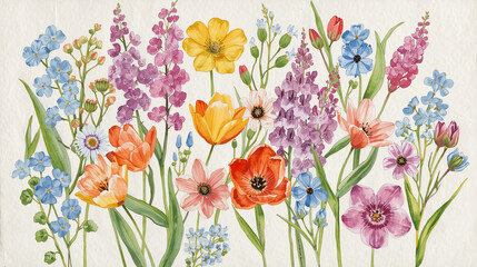 A bouquet of spring flowers painted in a vibrant watercolor style, with visible brush strokes and water bleed, on textured cotton paper, flat lay, artistic.